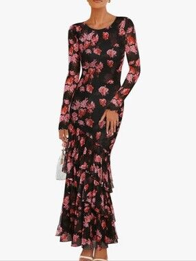Black Long-Sleeve Floral Midi Dress with Rose Print